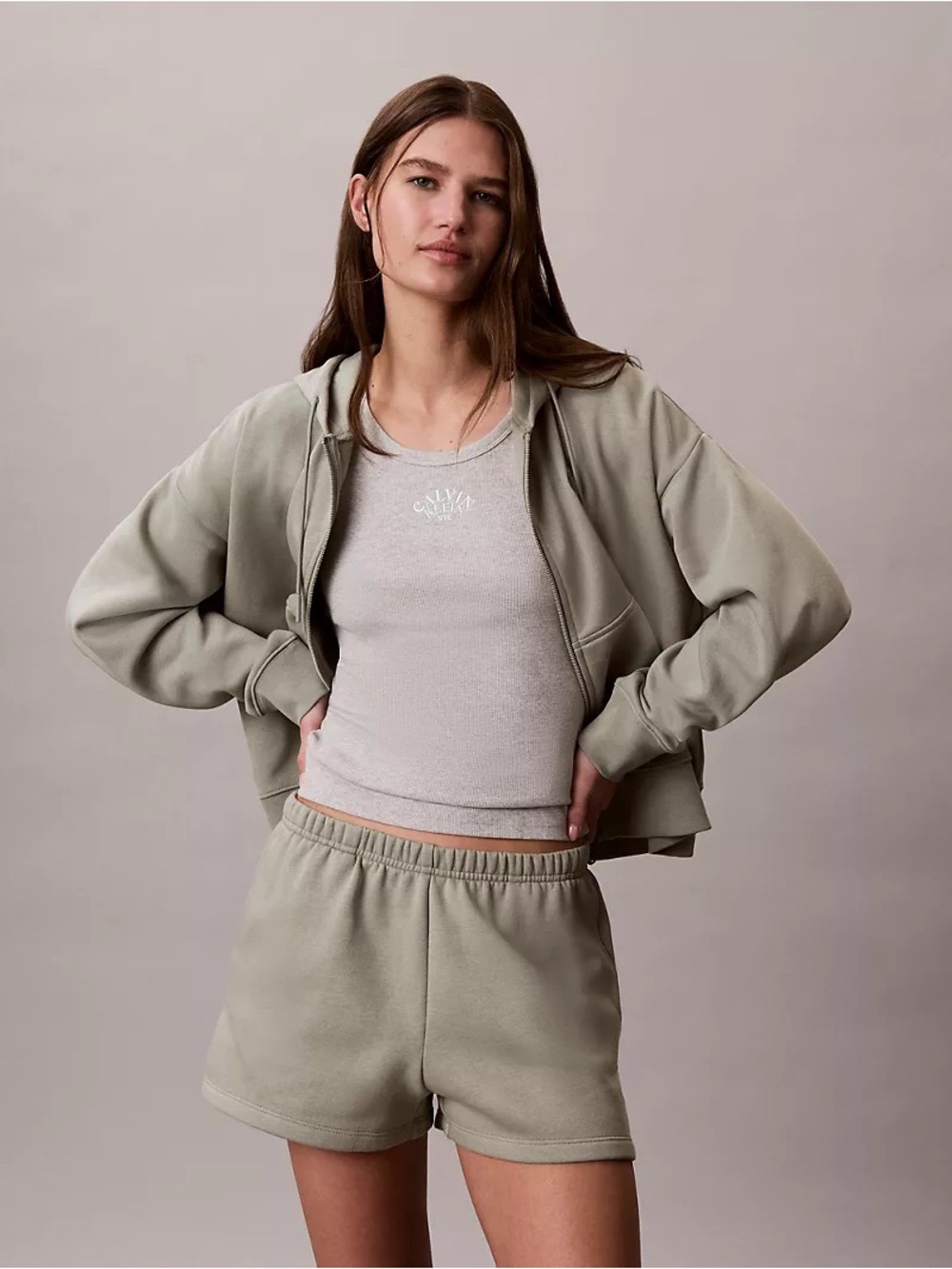 Calvin Klein Monogram Fleece Zip Hoodie in Shadow (tan) sz S